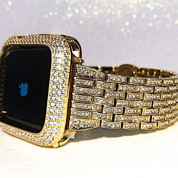 2 pc Apple Watch set yellow gold lab diamond case and crystal band classy bling